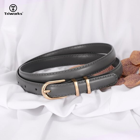 2 Pack Women's Skinny Leather Belts Black Gray Thin Faux with Gold Buckle - Picture 6 of 6